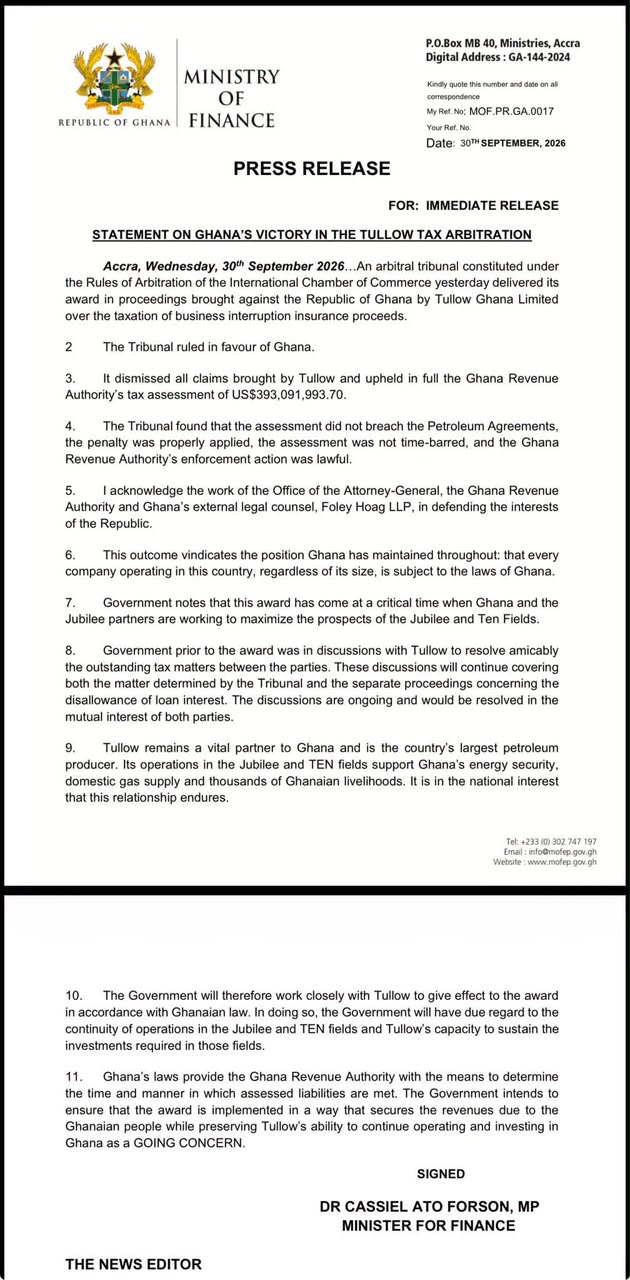 Ghana secures favourable ruling in Tullow tax arbitration - Finance Minister img 20260930 wa0069